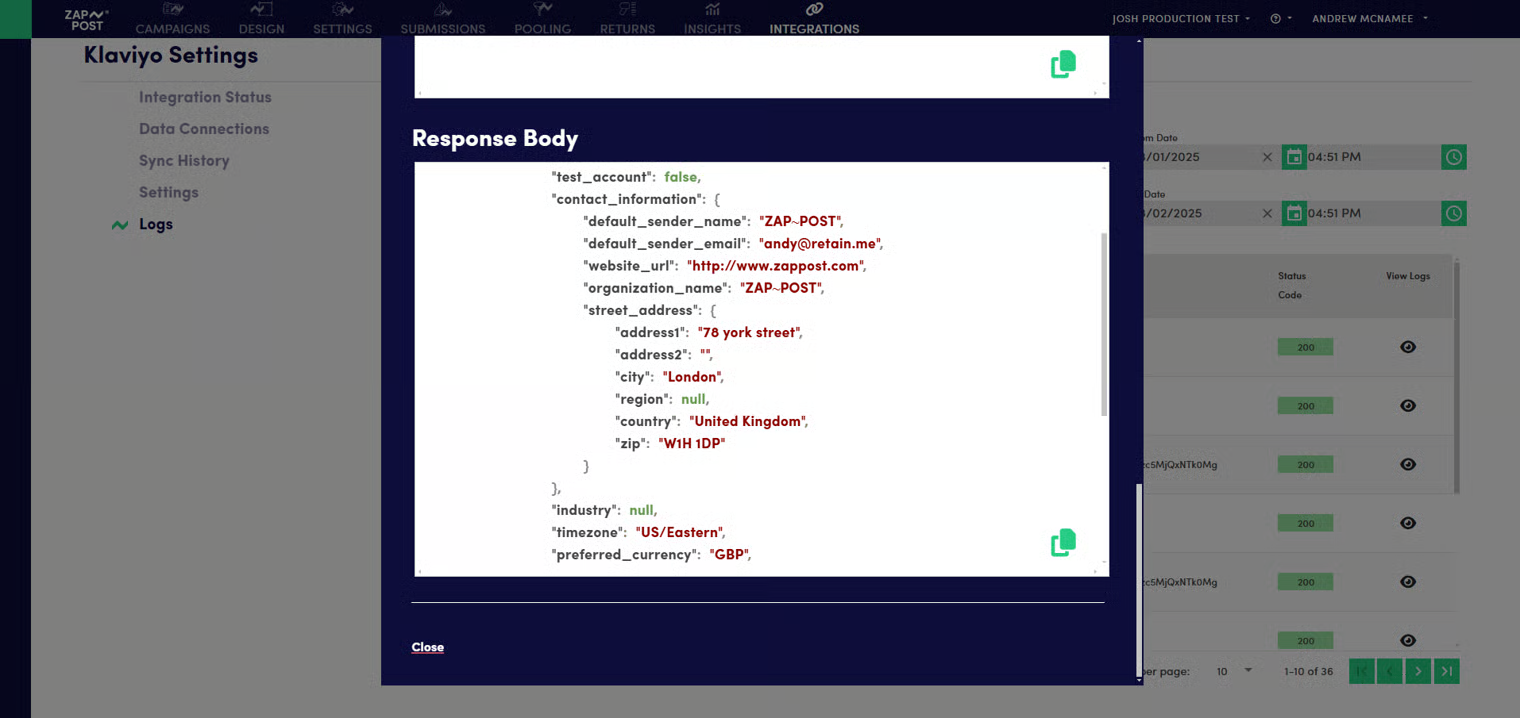 Klaviyo Integration Logs details view